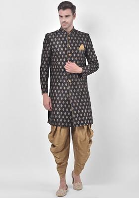 Men Black And Gold Coloured Printed Sherwani With Dhoti Pants