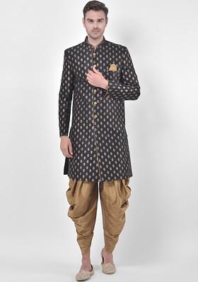 Men Black And Gold Coloured Printed Sherwani With Dhoti Pants