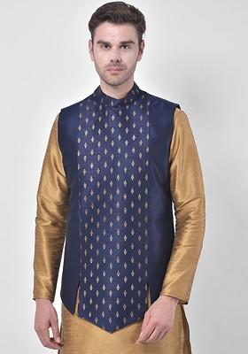 Men Navy Blue And Gold Printed Woven Nehru Jacket