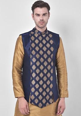 Men Navy Blue And Gold Printed Woven Nehru Jacket
