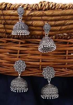 Set Of 2 Silver Plated Contemporary Jhumkas Earring