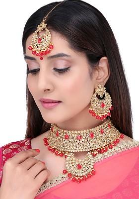 Gold Plated Red And Gold Toned Kundan Studded And Beaded Handcrafted Sustainable Jewellery Set