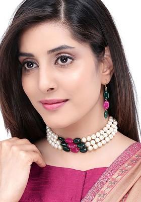 Gold Plated White And Pink Pearls Oxidised Handcrafted Jewellery Set