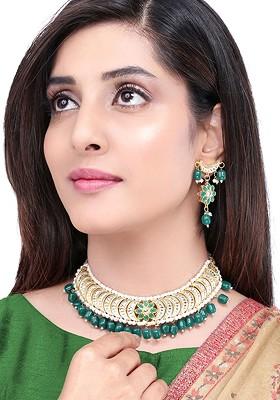 Gold Plated Green And White Stone Studded And Beaded Handcrafted Jewellery Set