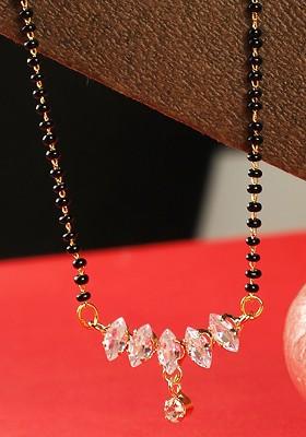 Gold Plated Black And White Stone Studded And Beaded Mangalsutra