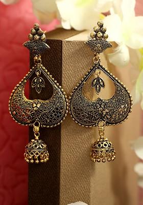Gold Plated Black Handcrafted Heart Shaped Jhumkas