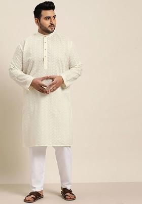 Cream Coloured Ethnic Motifs Embroidered Chikankari Cotton Kurta Set