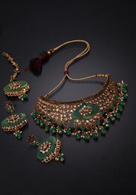 Gold Plated White And Green Stone Studded And Pearl Beaded Enamelled Jewellery Set