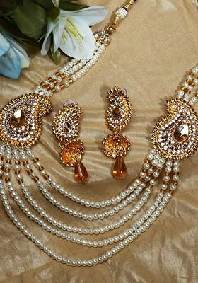 White And Orange Gold Plated Beaded Multi Stranded Jewellery Set