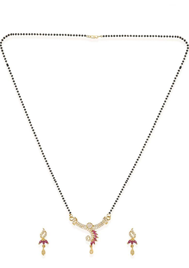 Black And Pink Gold Plated AD Studded Beaded Mangalsutra And Earrings
