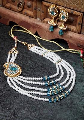  White And Blue Gold Plated Beaded Multi Stranded Jewellery Set