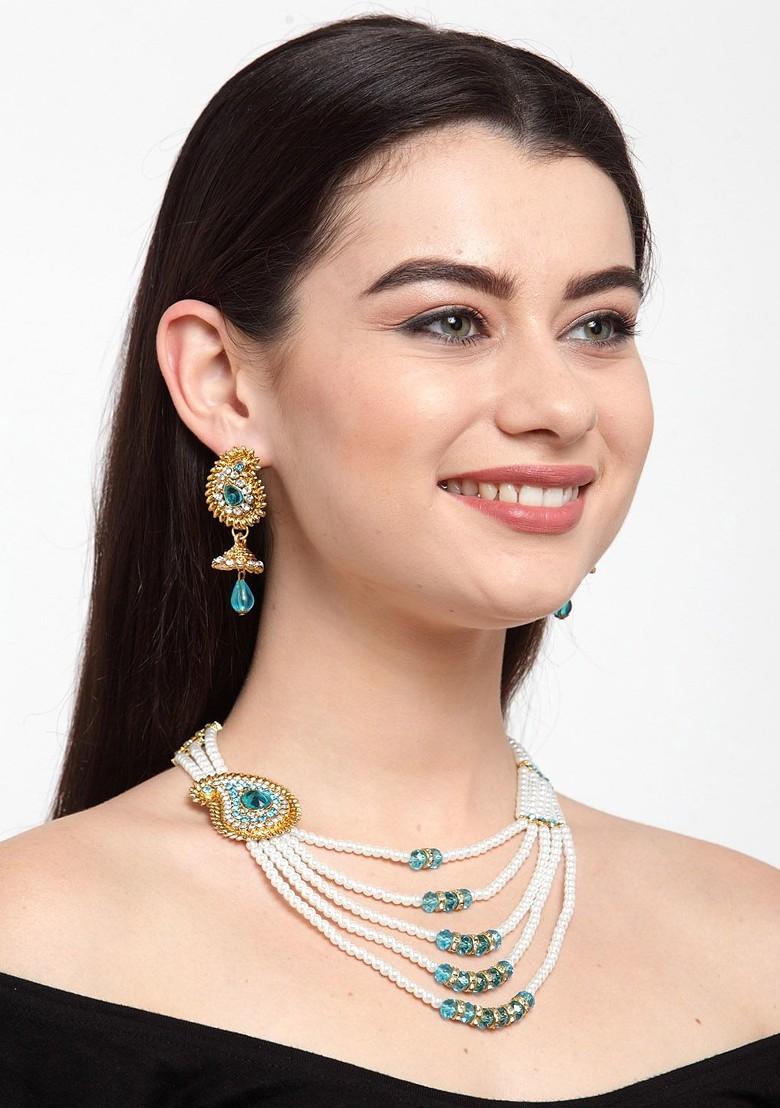  White And Blue Gold Plated Beaded Multi Stranded Jewellery Set
