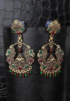 Gold Toned Traditional Antique Peacock Shaped Drop Earrings