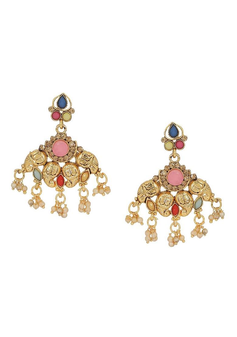 Gold Plated Blue And Pink Stone Studded And White Beaded Handcrafted Jewellery Set