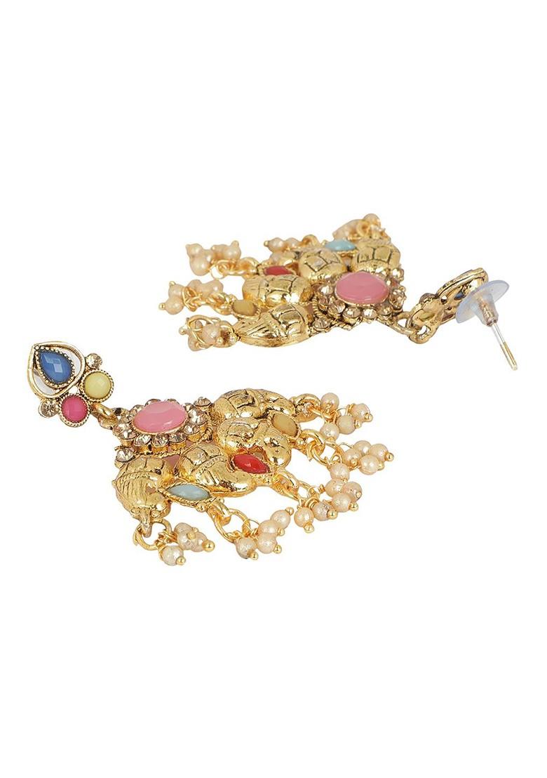 Gold Plated Blue And Pink Stone Studded And White Beaded Handcrafted Jewellery Set