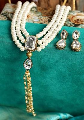 Gold Plated White Stone Studded And Pearl Beaded Tasselled Jewellery Set