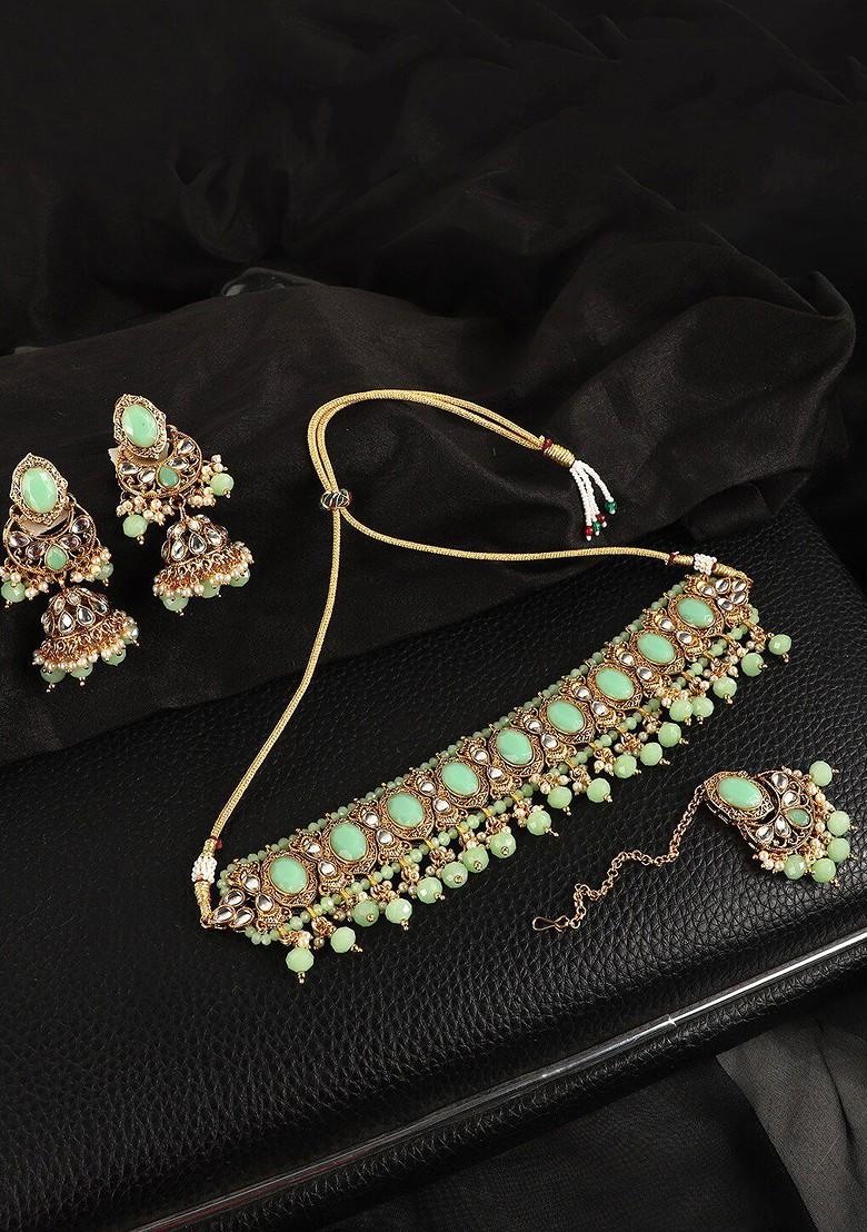 Gold Plated Traditional Sea Green Beaded And White Bridal Jewellery Set