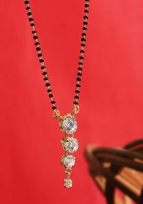 Gold Plated Black And White Stone Studded Beaded Traditional Mangalsutra