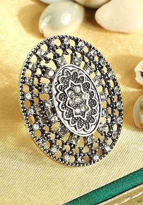 Silver Plated Oxidised Stone Studded Handcrafted Adjustable Finger Ring