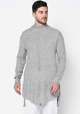 Men Grey Printed Regular Sleeves Rayon Kurta