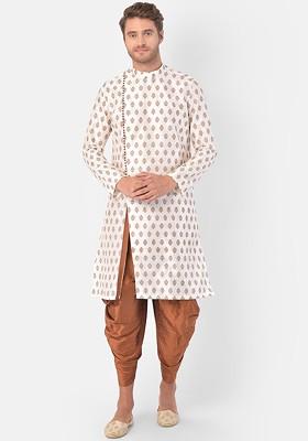 Men Off White Ethnic Motifs Printed Regular Straight Dupion Silk Kurta Set