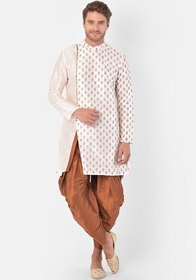 Men Off White Ethnic Motifs Printed Regular Straight Dupion Silk Kurta Set