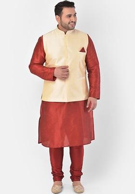 Men Red And Gold Toned Solid Kurta With Churidar And Nehru Jacket