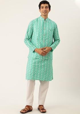 Blue Ethnic Motifs Embroidered Kurta Set With Nehru Jacket