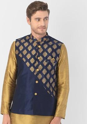 Plus Men Navy Blue And Gold Coloured Printed Woven Nehru Jacket