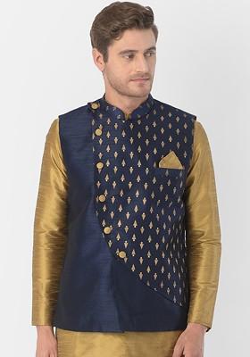 Plus Men Navy Blue Printed Woven Nehru Jacket