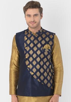 Plus Men Navy Blue And Gold Coloured Printed Woven Nehru Jacket