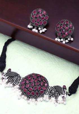 Oxidized Silver Plated Stone Studded Beaded Handcrafted Jewellery Set