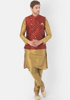 Men Red And Gold Toned Solid Kurta With Pyjamas And Nehru Jacket