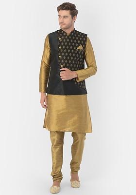 Men Black And Gold Toned Solid Kurta With Churidar And Nehru Jacket