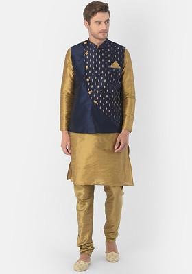 Men Navy Blue And Gold Toned Solid Kurta With Churidar And Nehru Jacket