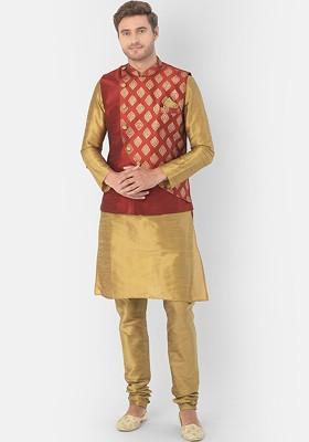 Men Red And Gold Toned Solid Kurta With Churidar And Nehru Jacket