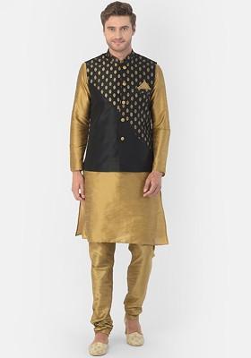 Men Black And Gold Toned Solid Kurta With Churidar And Nehru Jacket