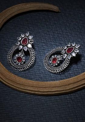 Silver Toned And Maroon Contemporary Drop Earrings