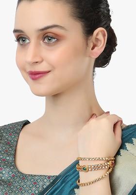 Set Of 6 24 CT Gold Plated White And Green Stone Studded Handcrafted Bangles