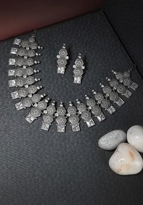 Oxidized Silver Plated White Stone Studded Handcrafted Jewellery Set