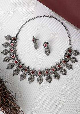 Oxidized Silver Plated Maroon Ruby Studded Handcrafted Temple Jewellery Set