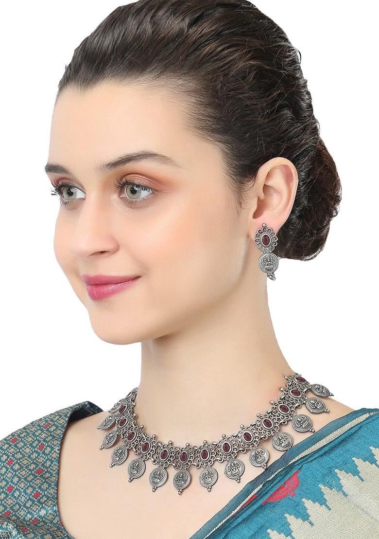 Oxidized Silver Plated Maroon Ruby Studded Handcrafted Temple Jewellery Set