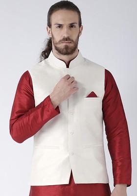 Men Off White Solid Dupion Silk Woven Nehru Jacket