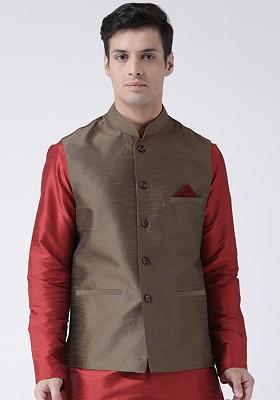 Men Brown Solid Woven Dupion Silk Nehru Jacket