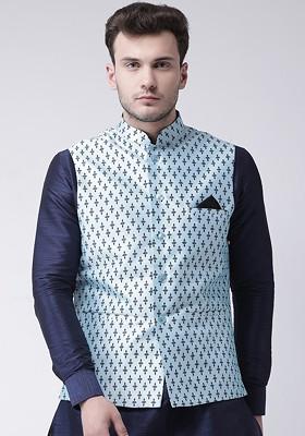 Men Blue Printed Woven Dupion Silk Nehru Jacket