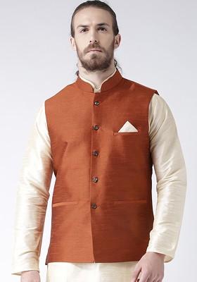 Men Rust Orange Solid Woven Dupion Silk Nehru Jacket