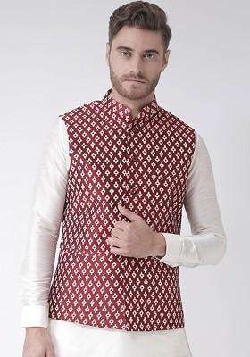 Men Red And White Printed Woven Dupion Silk Nehru Jacket
