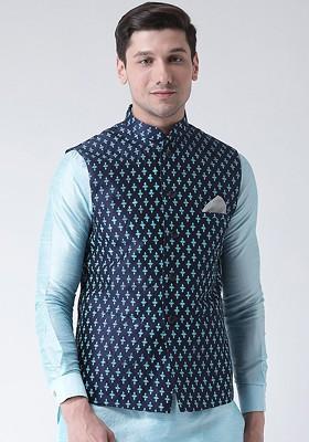 Men Navy Blue Printed Woven Dupion Silk Nehru Jacket