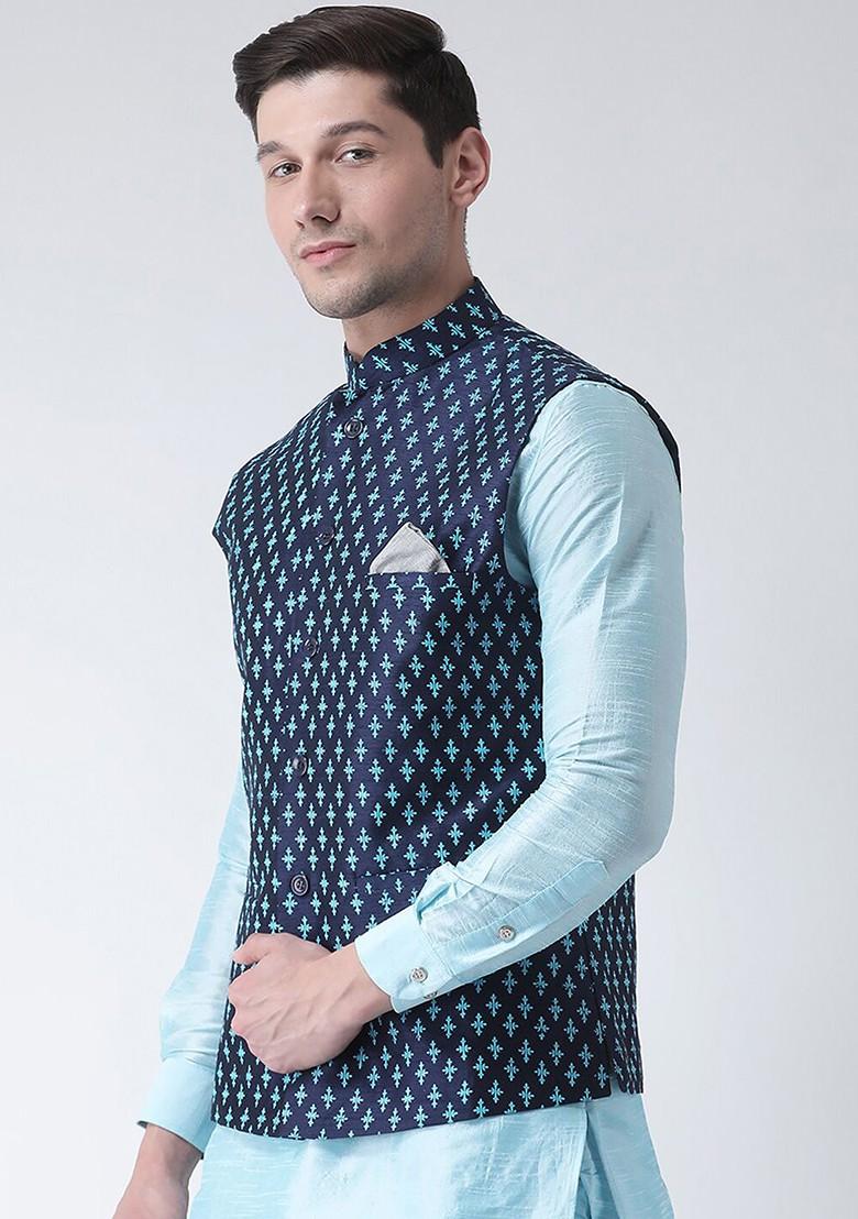 Men Navy Blue Printed Woven Dupion Silk Nehru Jacket