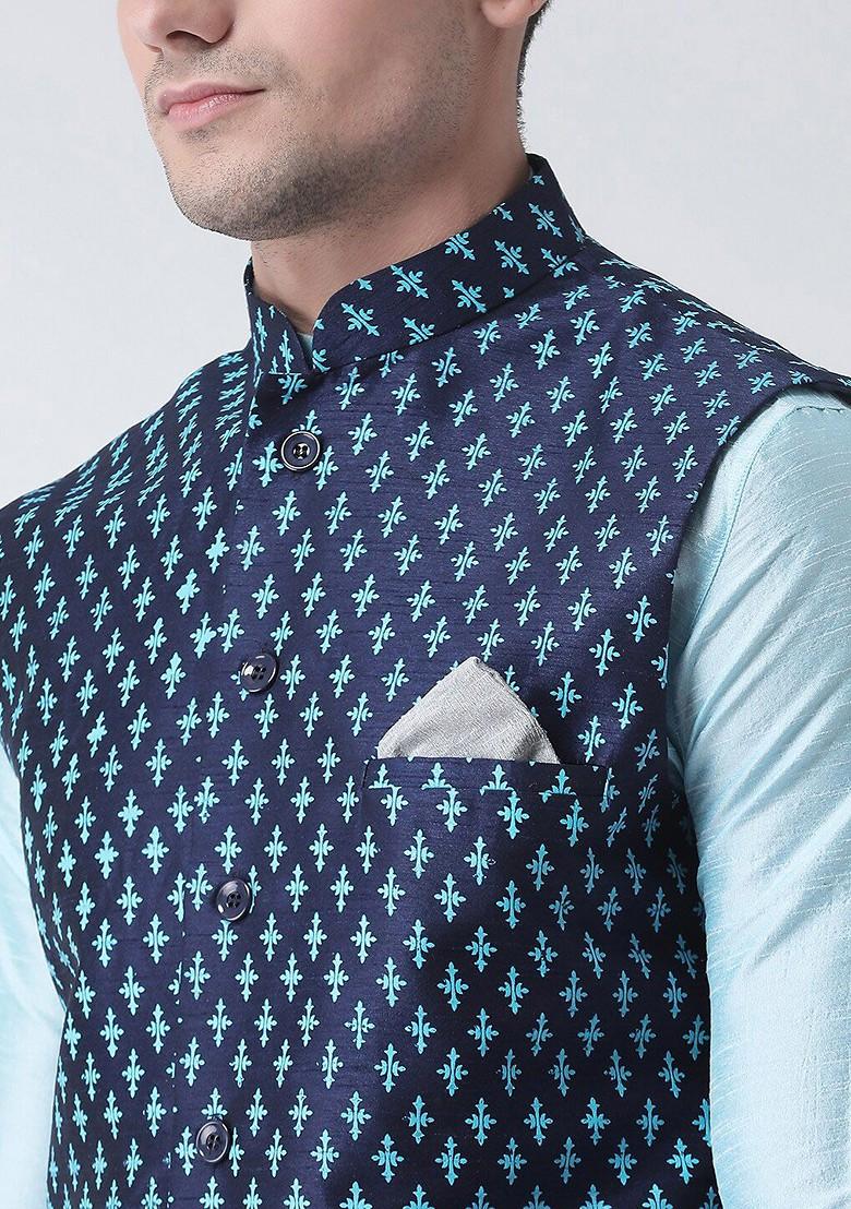 Men Navy Blue Printed Woven Dupion Silk Nehru Jacket
